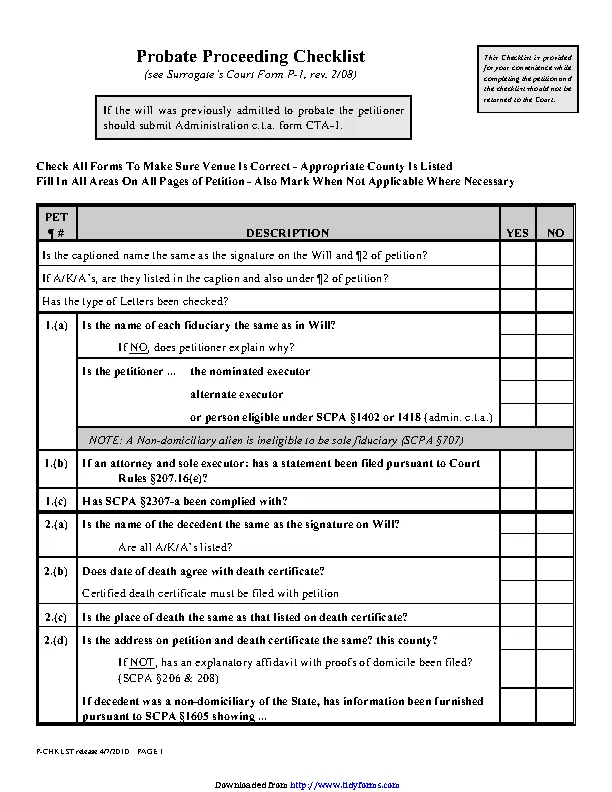 Probate Proceeding Checklist