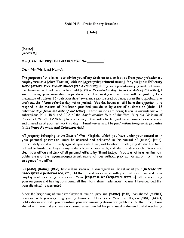 Probationary Employee Termination Letter Template