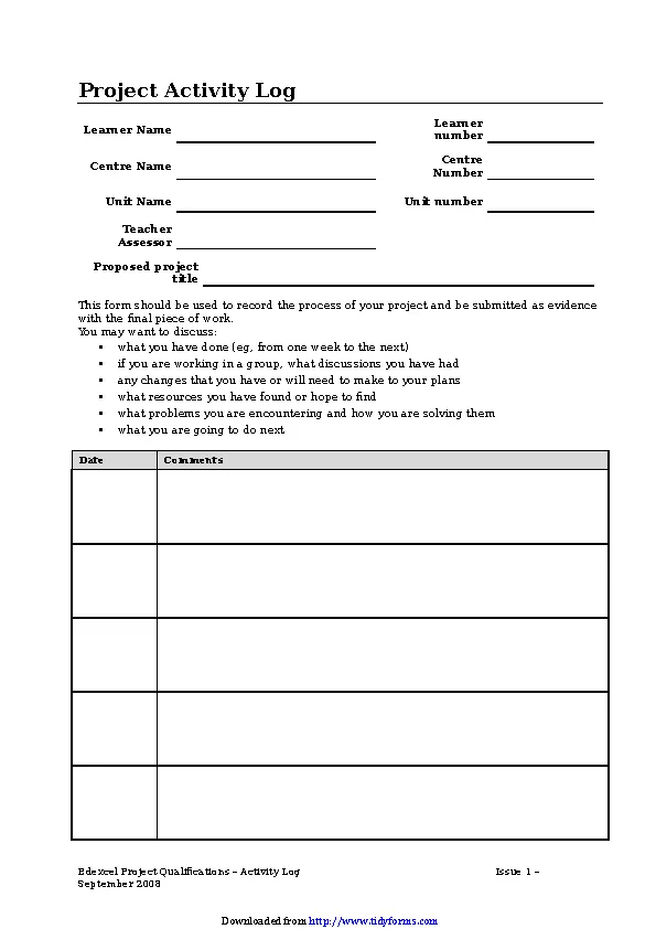 Project Activity Log Pdfsimpli