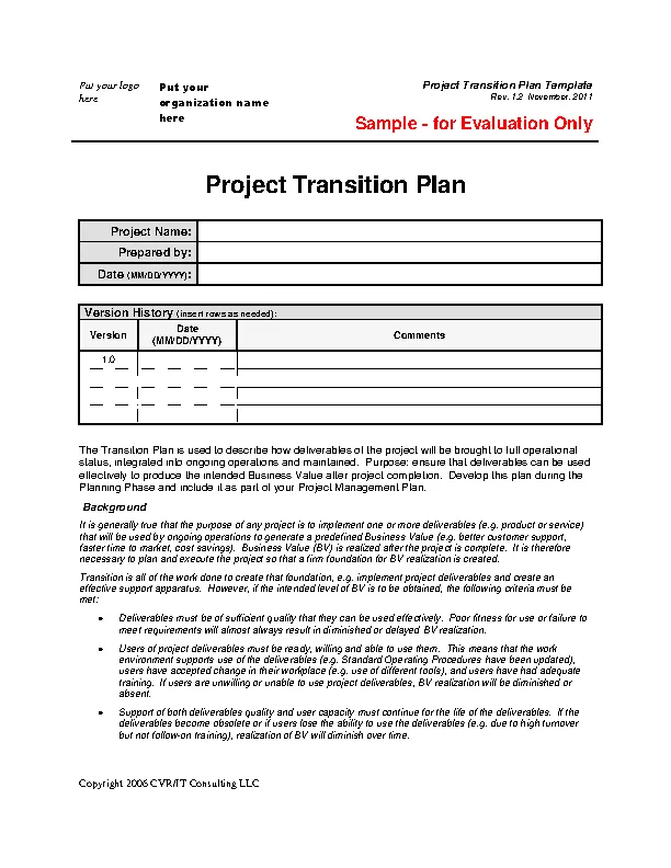 Project Transition Plan Template