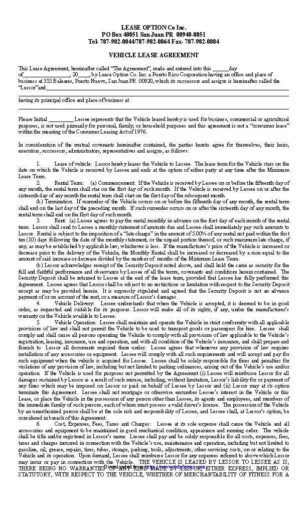 Puerto Rico Vehicle Lease Agreement Form PDFSimpli