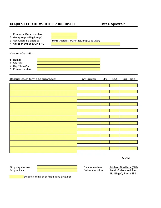 Purchase Order Form Template Excel