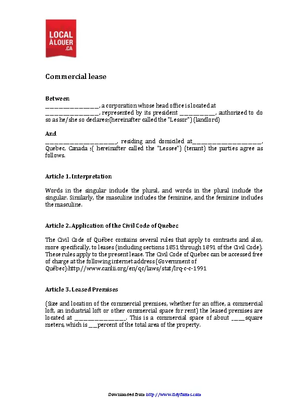 Quebec Commercial Lease Agreement Form PDFSimpli