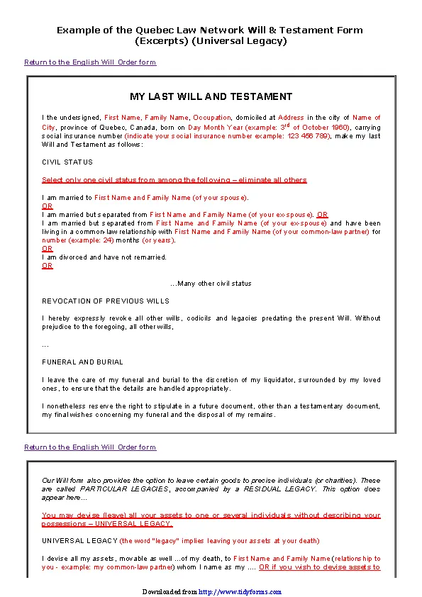 Quebec Last Will And Testament Form
