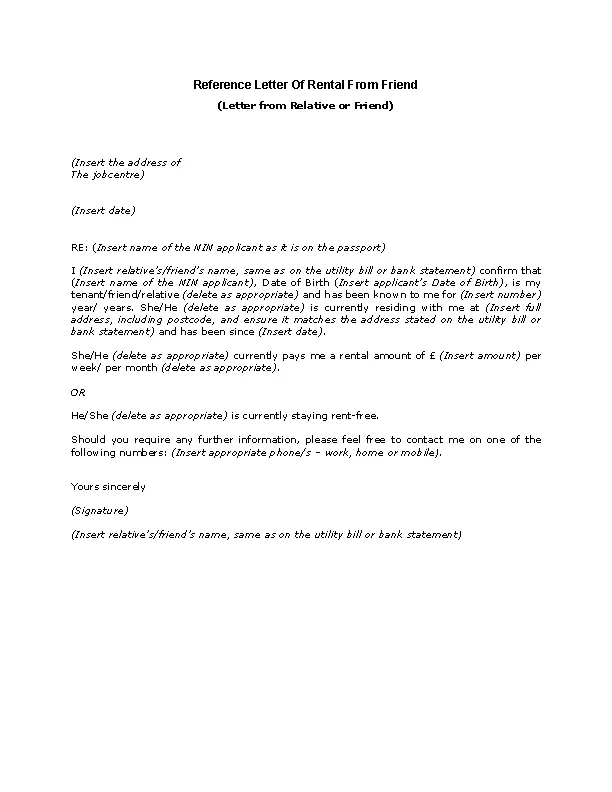 Reference Letter Of Rental From Friend - PDFSimpli