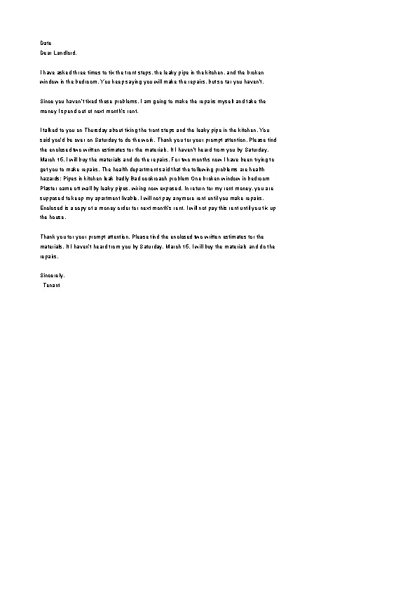 Repair Deduct Complaint Letter Template To Landlord