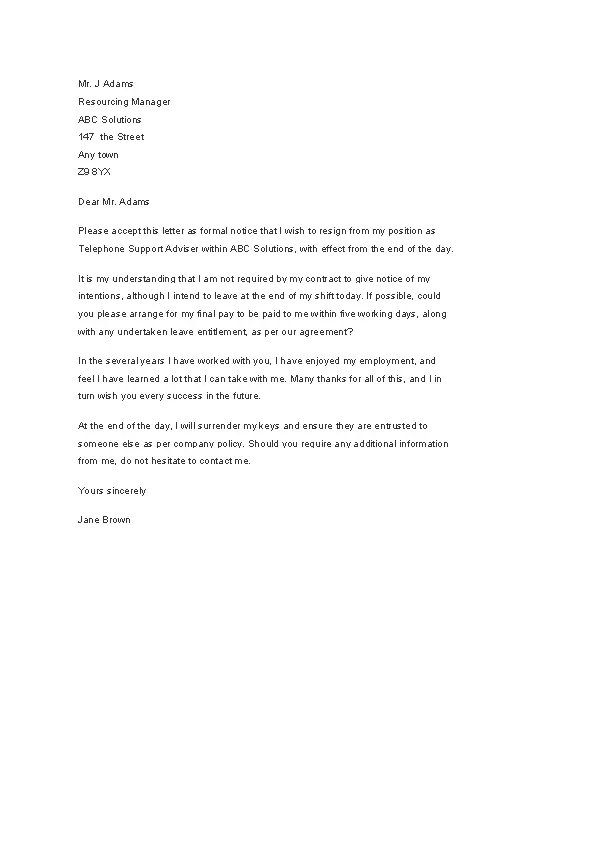 Resignation Letter Example Without Notice Period