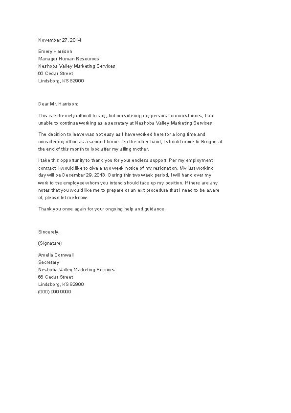 Resignation Letter With 2 Weeks Notice