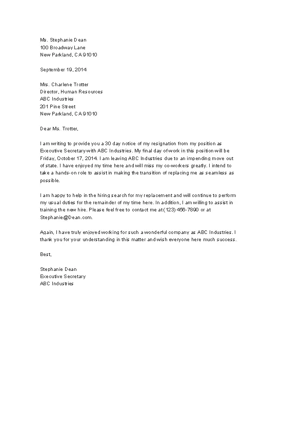 Resignation Letter With 30 Day Notice
