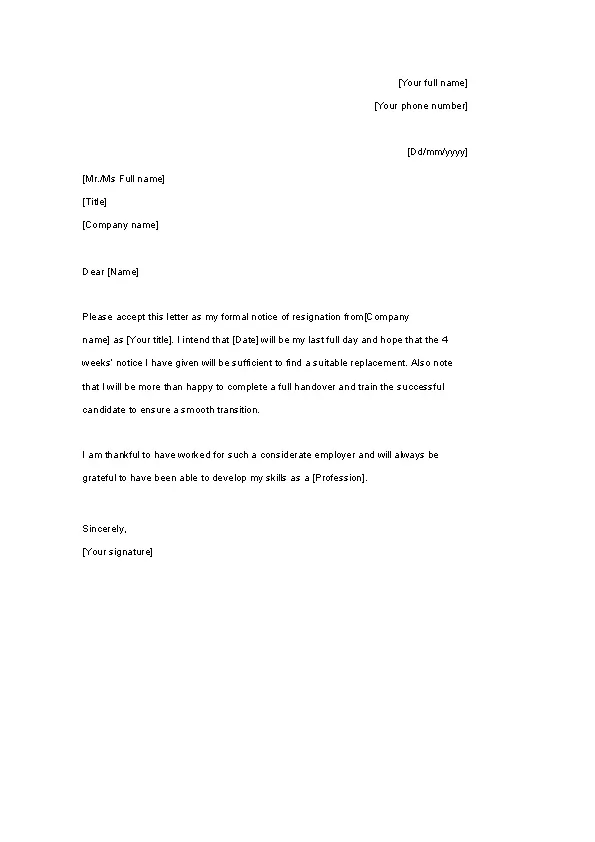 Resignation Letter With 4 Weeks Notice