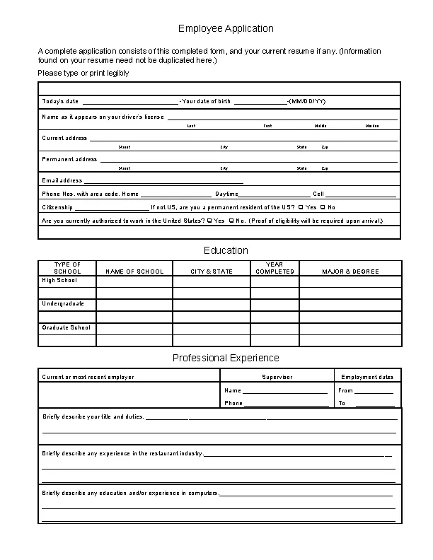 Restaurant Employee Application Template Word Document Free Download