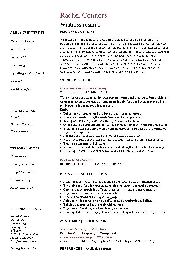 Restaurant Waitress Resume PDFSimpli