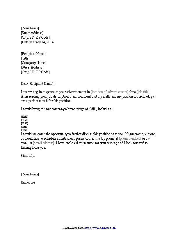 Resume Cover Letter In Response To Technical Position Ad