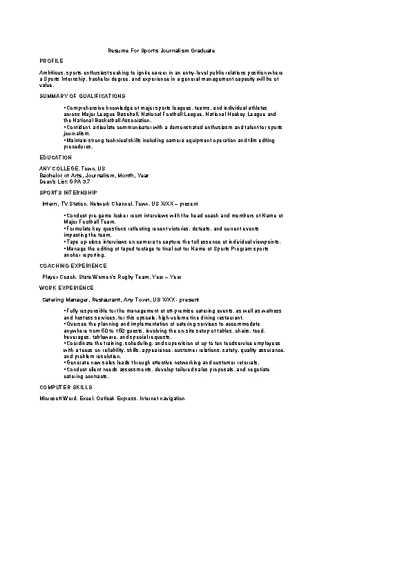 Resume For Sports Journalism Graduate - PDFSimpli