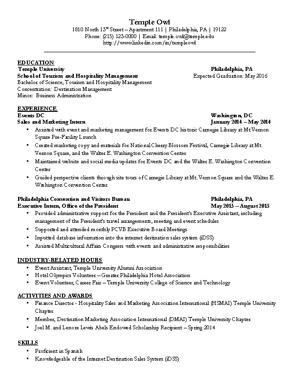 Resume Template For Hospitality Management - PDFSimpli