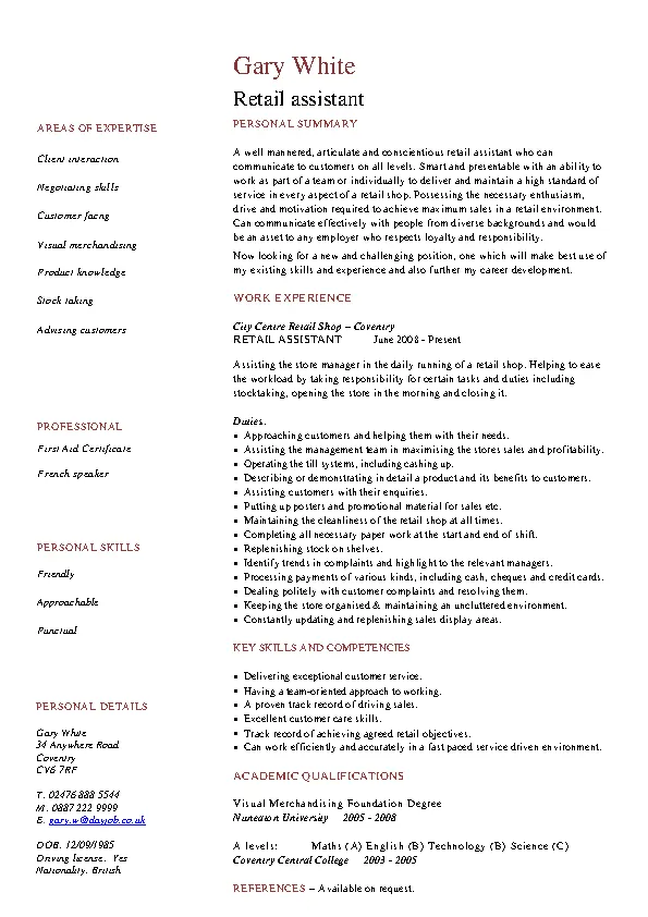 Retail Assistant Stock Resume - PDFSimpli