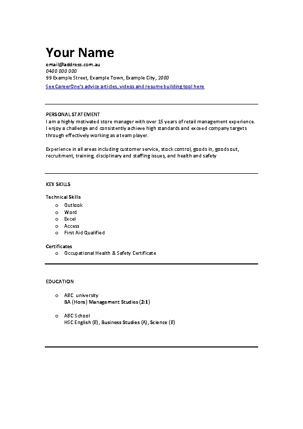 Retail Manager Cv Template - Pdfsimpli