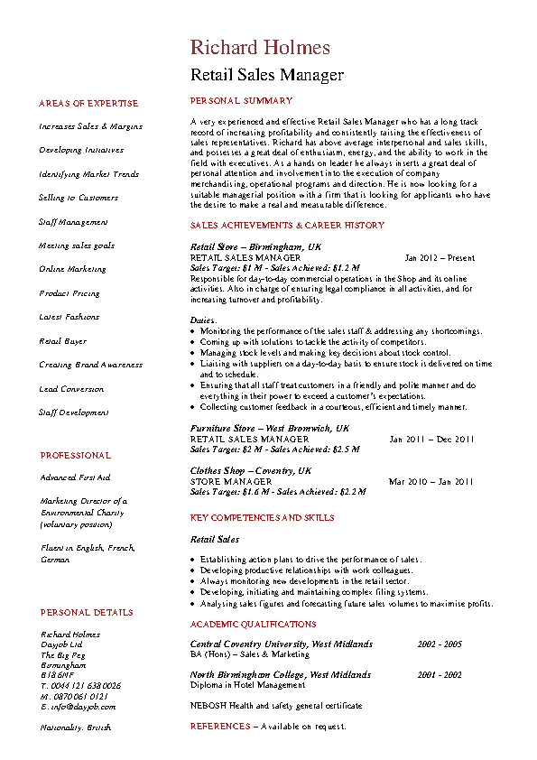 Retail Sales Manager Resume - PDFSimpli