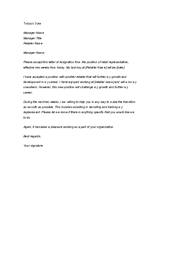 Retail Two Weeks Notice Letter Template