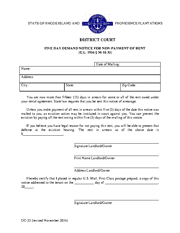 Rhode Island 5 Day Notice To Quit Nonpayment Form Dc 55