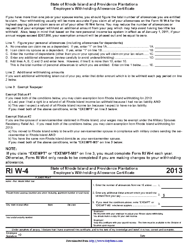 Rhode Island Form Riw 4 2013 - PDFSimpli