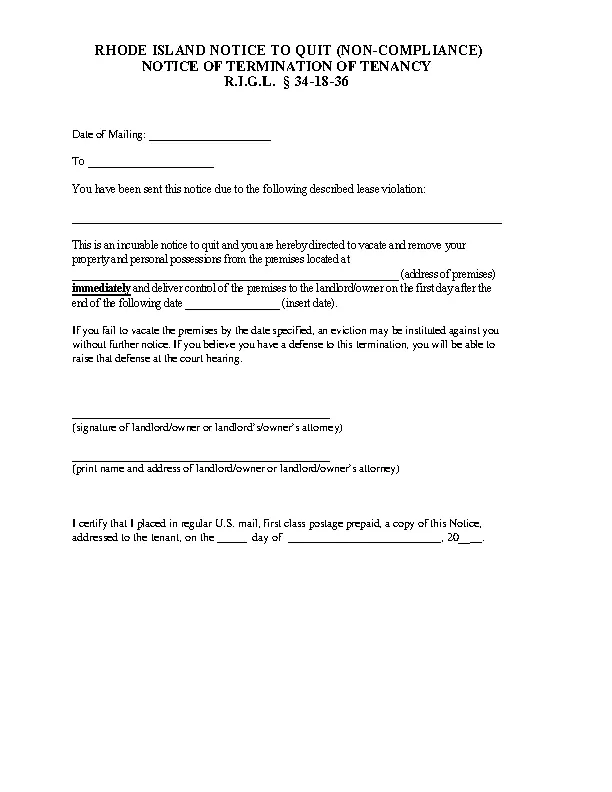 Rhode Island Immediate Notice To Quit Form