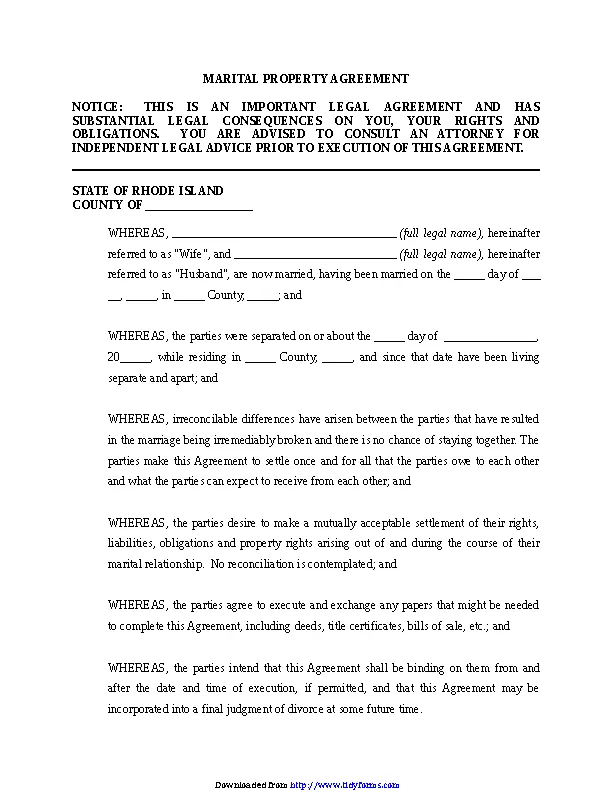 Rhode Island Marital Settlement Agreement Form