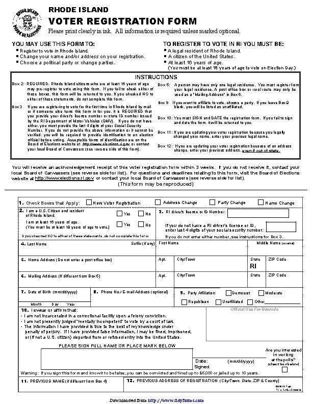 Rhode Island Voter Registration Form