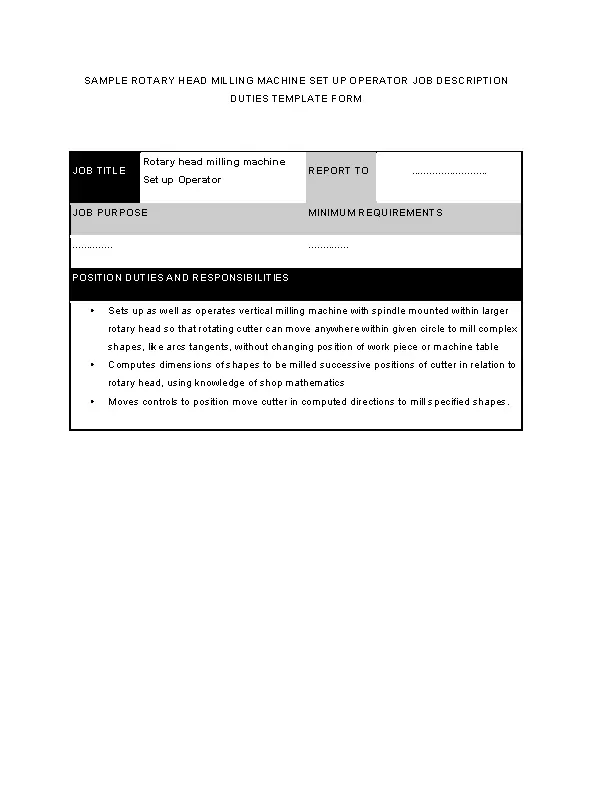 Rotary Head Milling Machine Set Up Operator Job Description