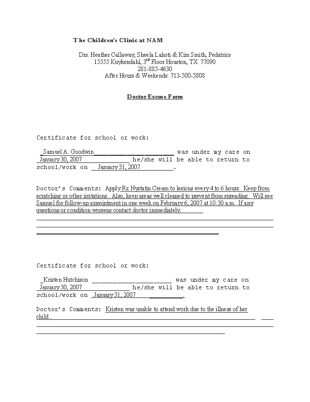 Saample Doctor Note Template For Word Doc Download