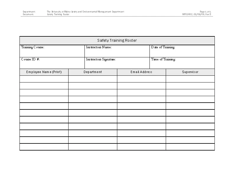 Safety Training Roster Template - Pdfsimpli