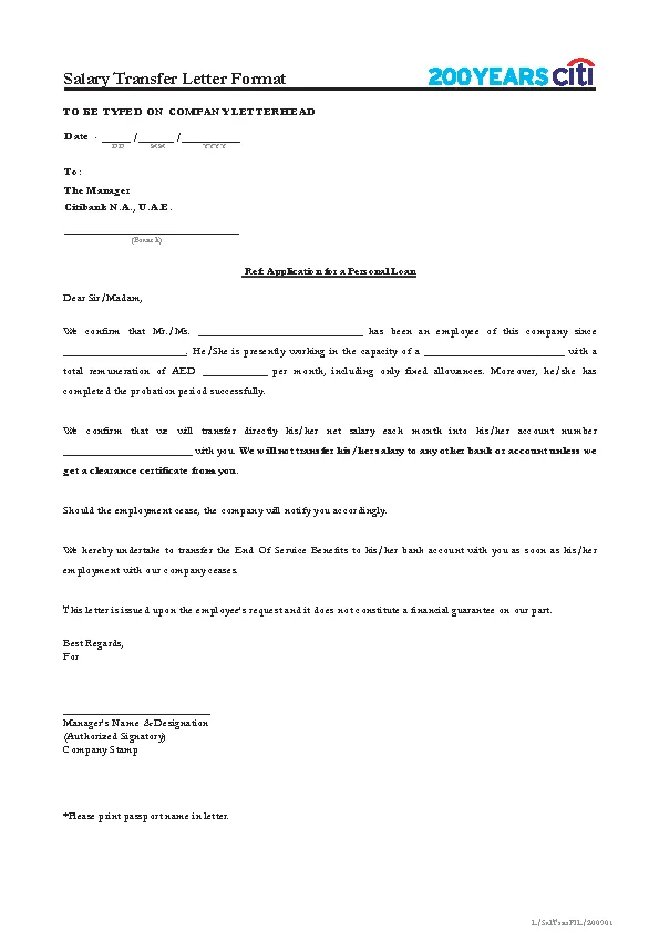 Salary Transfer Letter Format Template Free Download - PDFSimpli