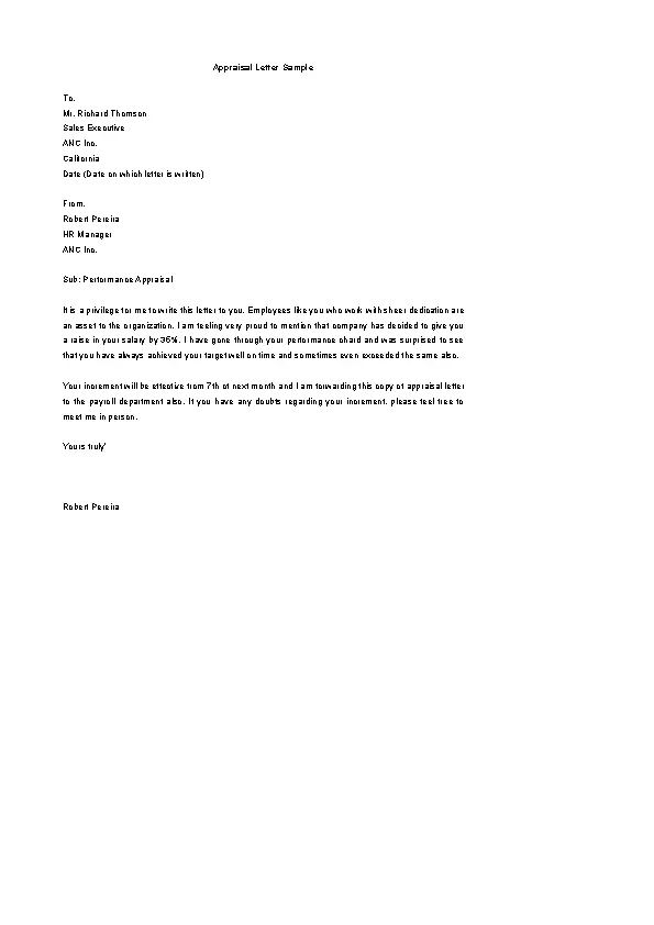 Sales Executive Appraisal Letter Sample Word Format