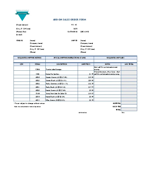 Sales Order Form Template Excel