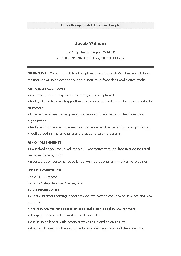 Salon Receptionist Resume Sample PDFSimpli