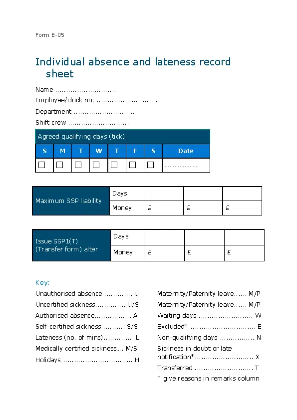 Sample Absence Record Sheet Template