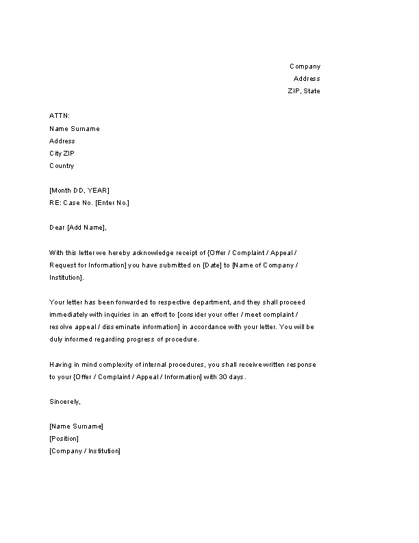 Sample Acknowledgement Of Receipt Letter Template