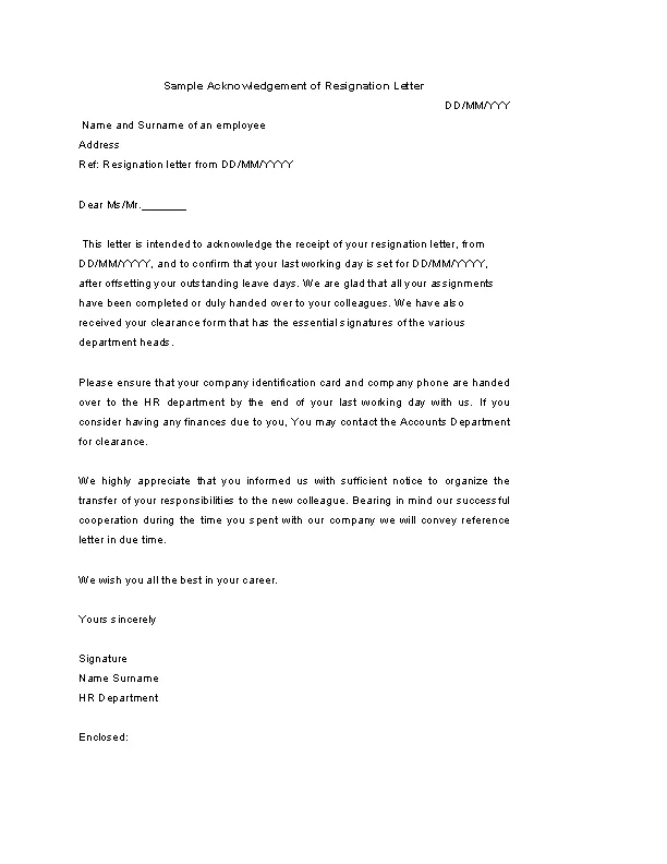 Sample Acknowledgement Of Resignation Letter