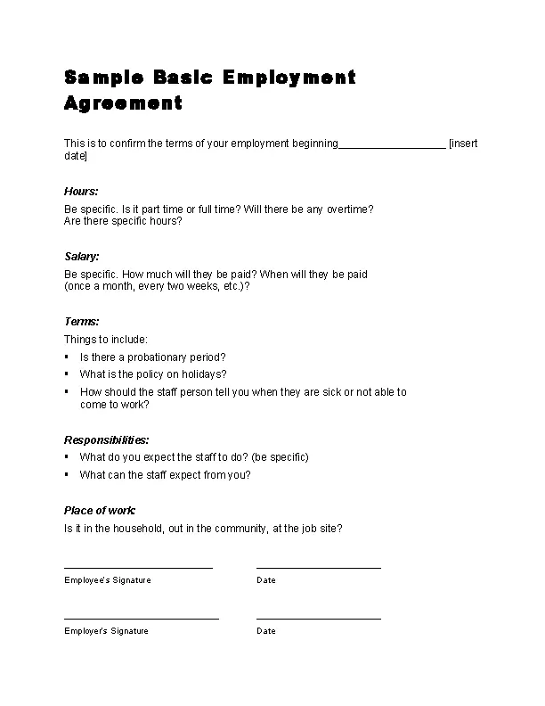 Sample Basic Employment Agreement Contract