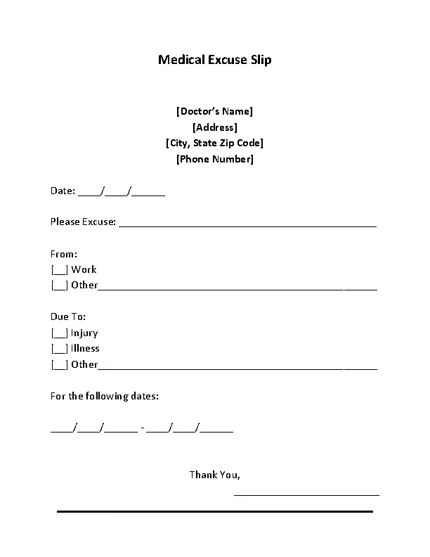 Sample Blank Doctors Note For Missing Work Excuse