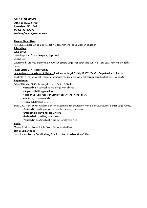 Sample Resume For New Paralegal - PDFSimpli