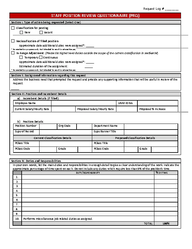Sample Staff Position Review Questionnaire