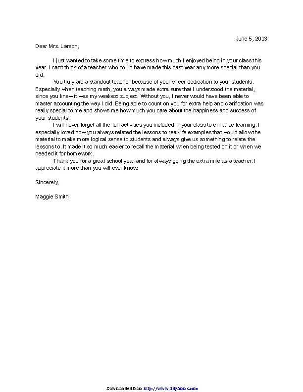 Sample Teacher Appreciation Letter - PDFSimpli