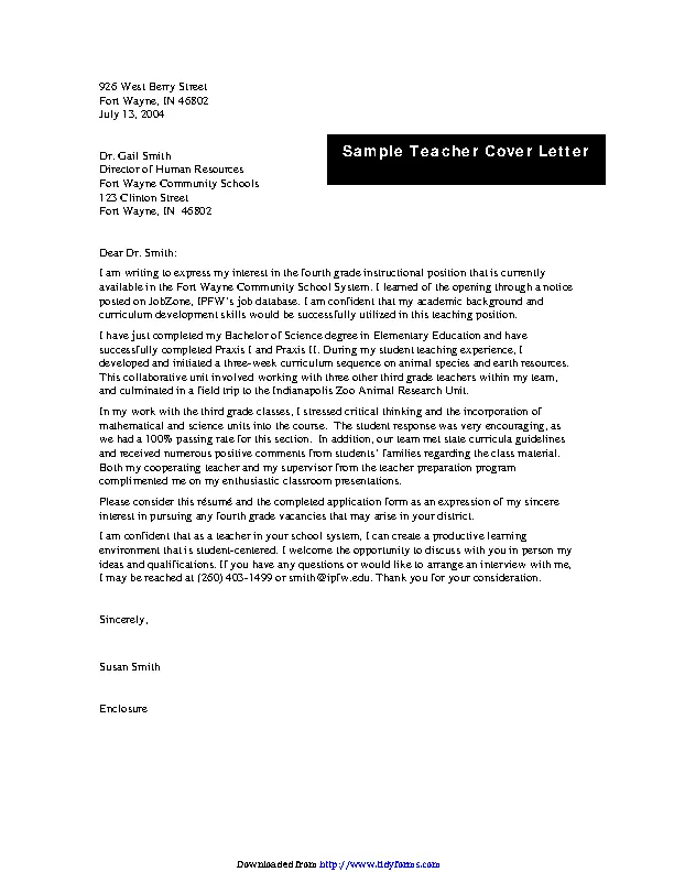 Sample Teacher Cover Letter