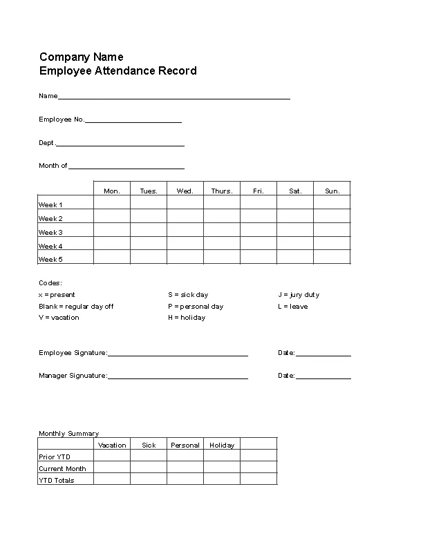 Sample Time And Attendance Form