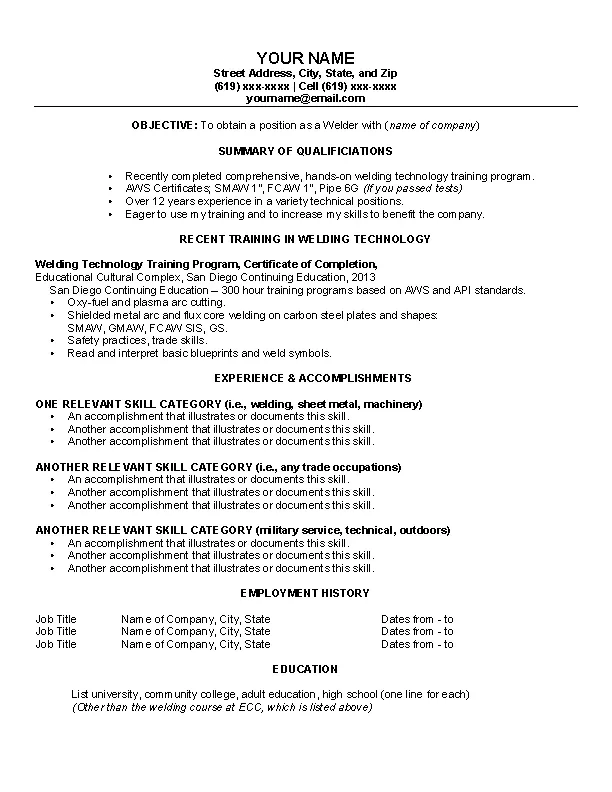 Sample Welder Resume Tempalte - PDFSimpli