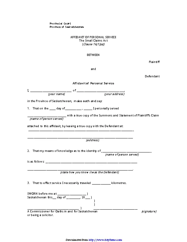 Saskatchewan Plaintiff Affidavit Of Personal Service Form