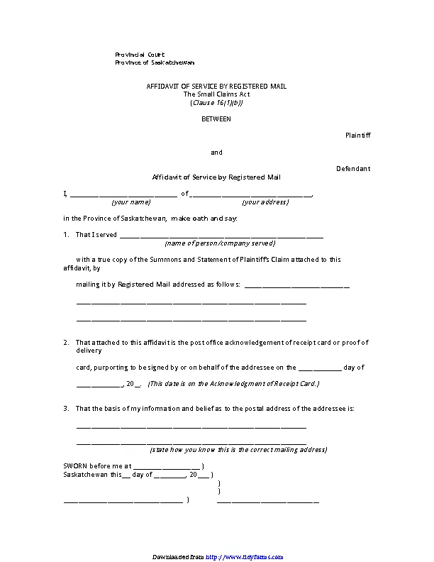 Saskatchewan Plaintiff Affidavit Of Service By Registered Mail Form