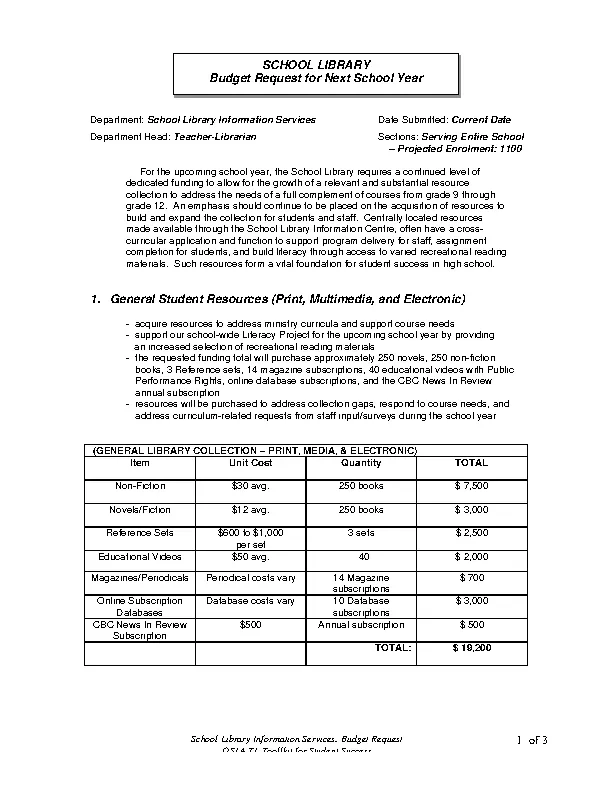 School Library Budget Template