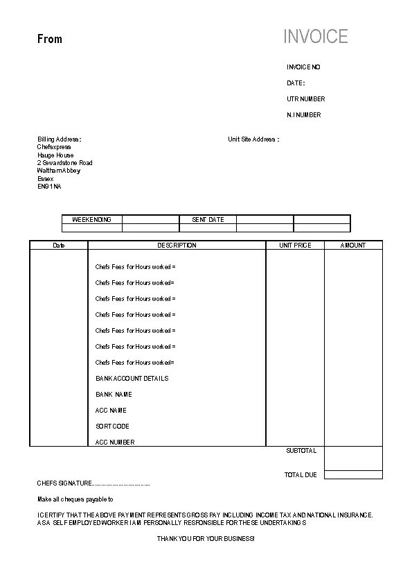 Self Employed Chef Invoice Template